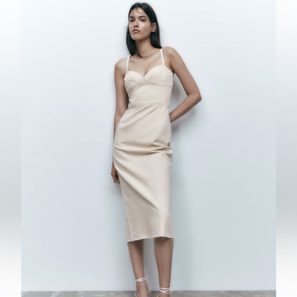 Zara Cream Fitted Midi Dress with Spaghetti Straps